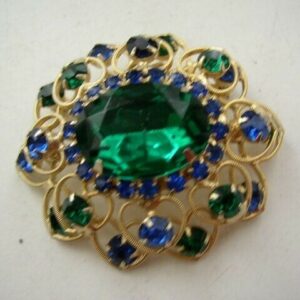 Vintage, Large, Green-Blue Floral Rhinestone Brooch