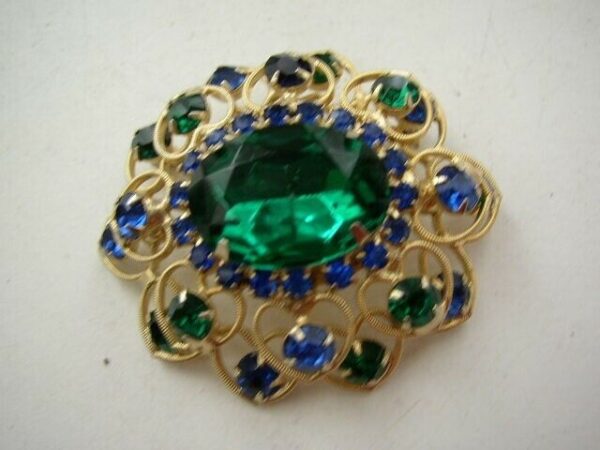 Vintage, Large, Green-Blue Floral Rhinestone Brooch