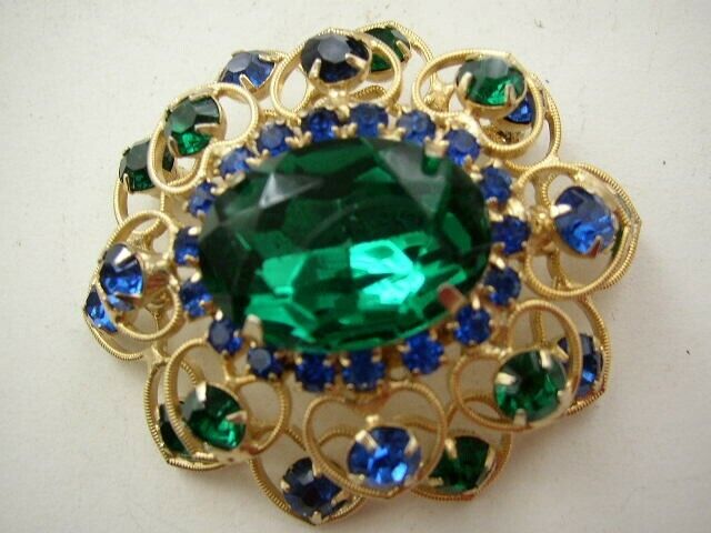 Vintage, Large, Green-Blue Floral Rhinestone Brooch