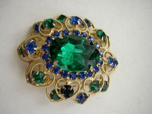 Vintage, Large, Green-Blue Floral Rhinestone Brooch