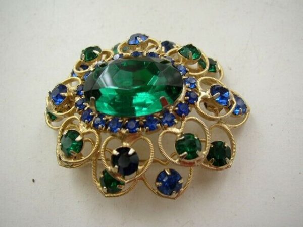 Vintage, Large, Green-Blue Floral Rhinestone Brooch