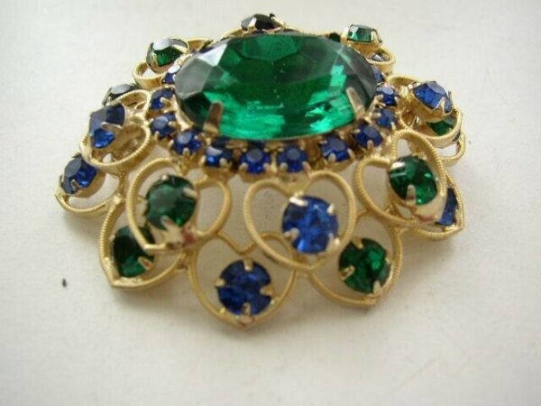 Vintage, Large, Green-Blue Floral Rhinestone Brooch