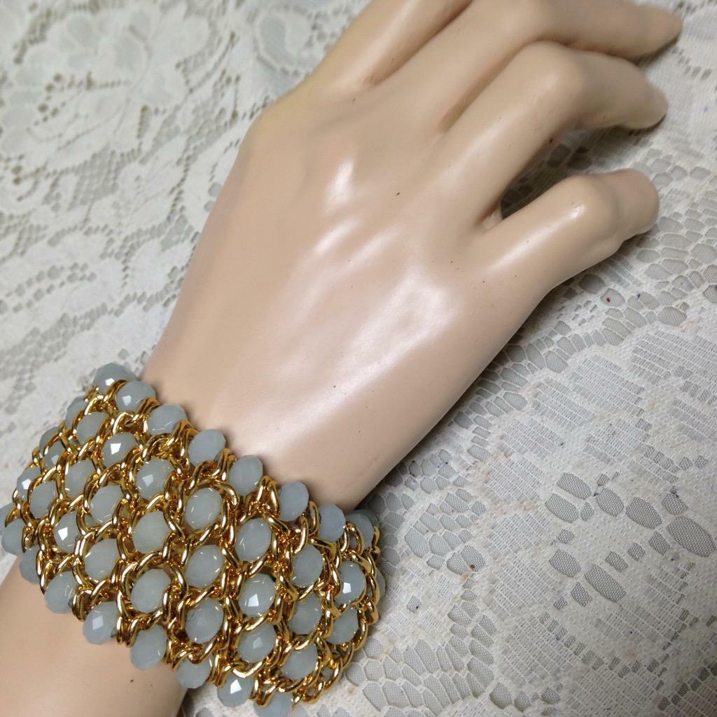 Elegant, Gold and Jade Green, Chunky 1.75in Thick , 8in Stretchable Bracelet