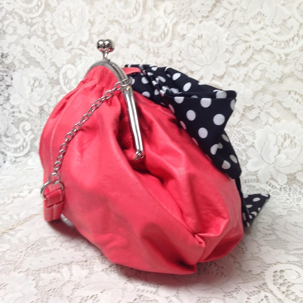 Claire’s Orange-Pink Purse with Large Polka Dot Bow, 14in L x 14in T x 4in W