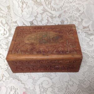 Carved Wood with Brass Inlay, Jewelry or Trinket Box 2.5in H x 7in W x 5in W