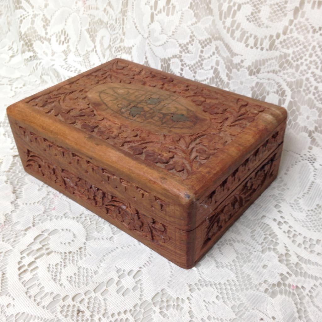 Carved Wood with Brass Inlay, Jewelry or Trinket Box 2.5in H x 7in W x 5in W