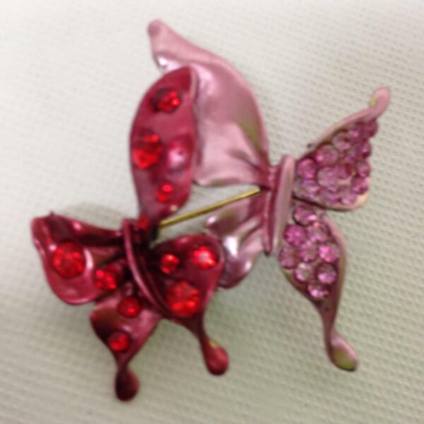 Stunning, Pink and Red Butterflies Enamel Rhinestone Brooch 1.75in x 1.75in