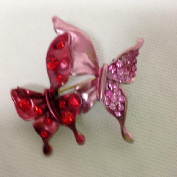 Stunning, Pink and Red Butterflies Enamel Rhinestone Brooch 1.75in x 1.75in