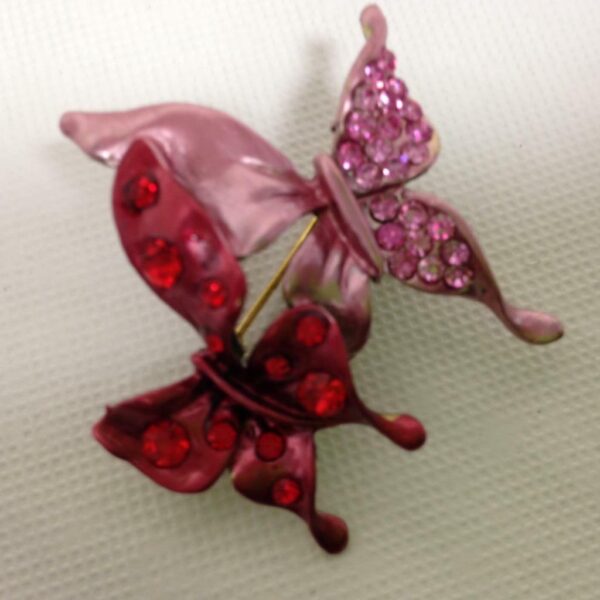 Stunning, Pink and Red Butterflies Enamel Rhinestone Brooch 1.75in x 1.75in