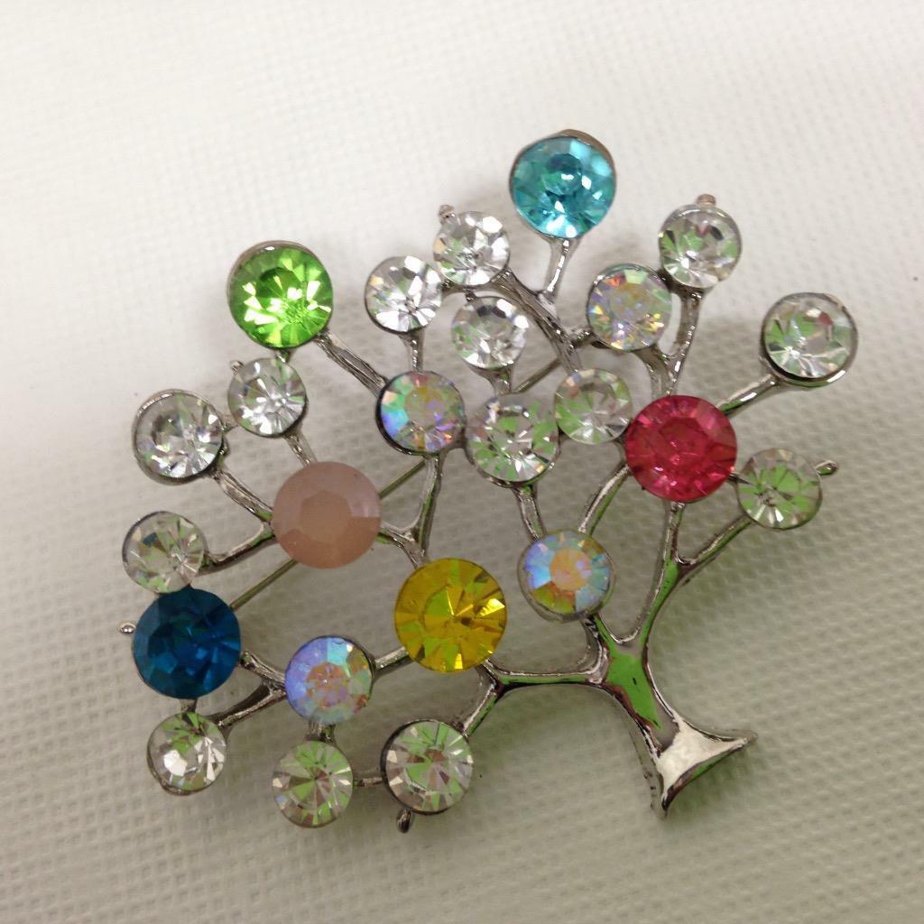 Stunning, Silver Tone, Multi-color Tree Rhinestone Brooch 2.5in x 2in