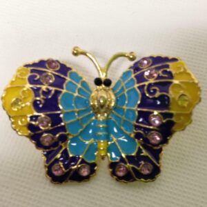 Gold Tone, Yellow, Aqua, Purple Butterfly Enamel Rhinestone Brooch 2in x 1.5in