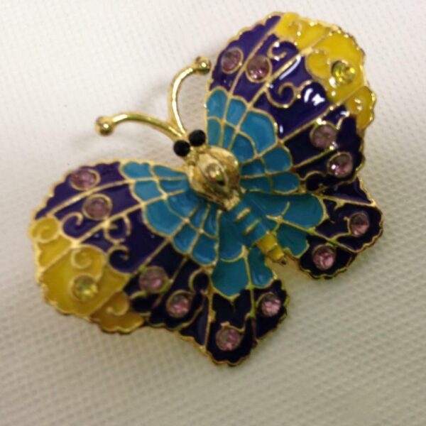 Gold Tone, Yellow, Aqua, Purple Butterfly Enamel Rhinestone Brooch 2in x 1.5in