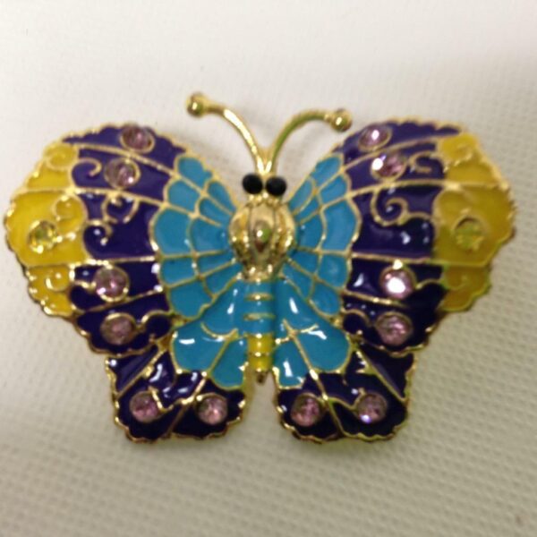 Gold Tone, Yellow, Aqua, Purple Butterfly Enamel Rhinestone Brooch 2in x 1.5in