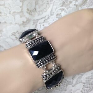 Vintage, Silver Tone and Faux Faceted Black Stones 8in Bracelet