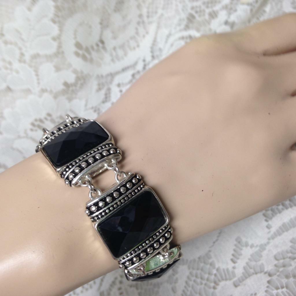 Vintage, Silver Tone and Faux Faceted Black Stones 8in Bracelet