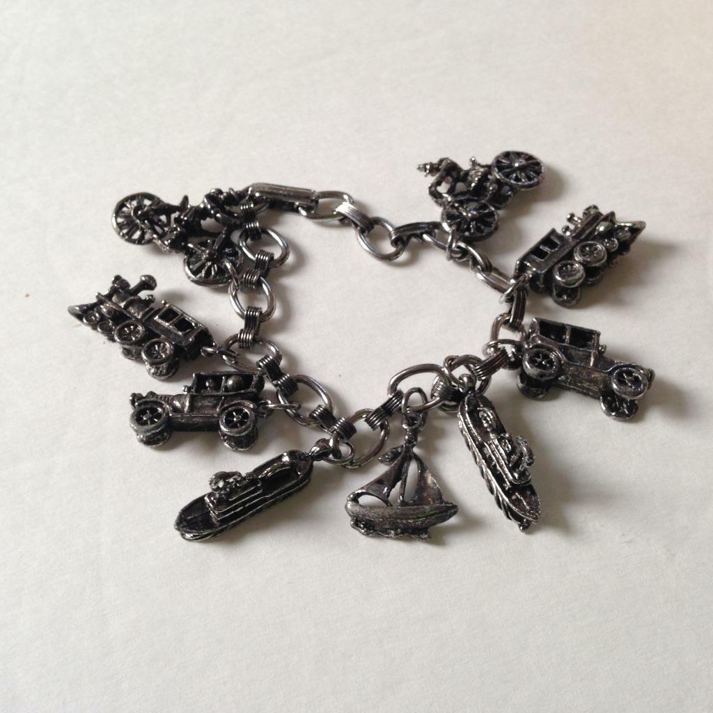 Vintage, Rare, Silver Tone, Vehicle, Boats, Trains Charm Bracelet, 7in L