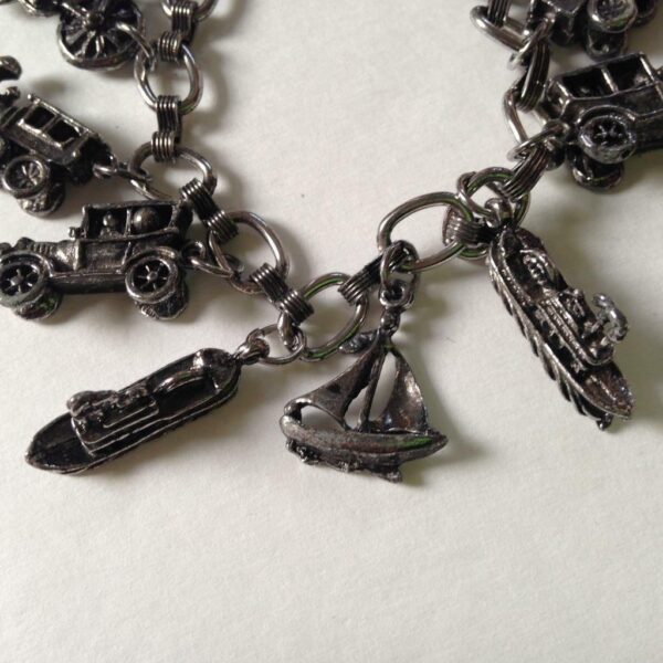 Vintage, Rare, Silver Tone, Vehicle, Boats, Trains Charm Bracelet, 7in L