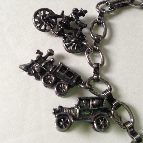 Vintage, Rare, Silver Tone, Vehicle, Boats, Trains Charm Bracelet, 7in L