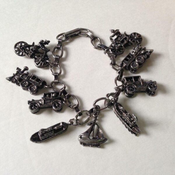 Vintage, Rare, Silver Tone, Vehicle, Boats, Trains Charm Bracelet, 7in L