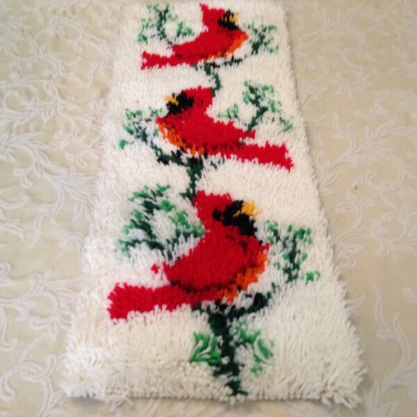 Vintage, 3 Cardinals, Handmade, Wooly Woven Tapestry Wall Decor 32in x 13in