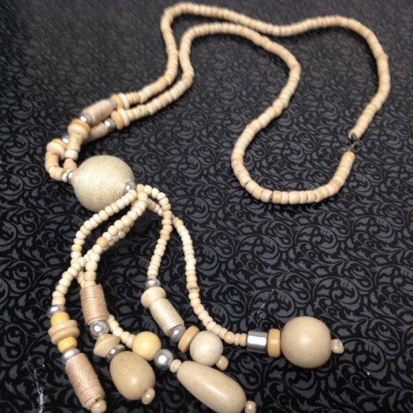 Vintage, Wooden Beads 40in Long Necklace with Fringes