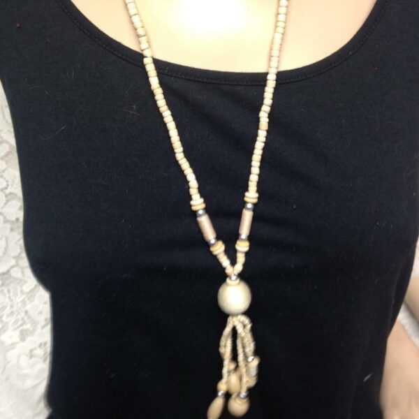 Vintage, Wooden Beads 40in Long Necklace with Fringes