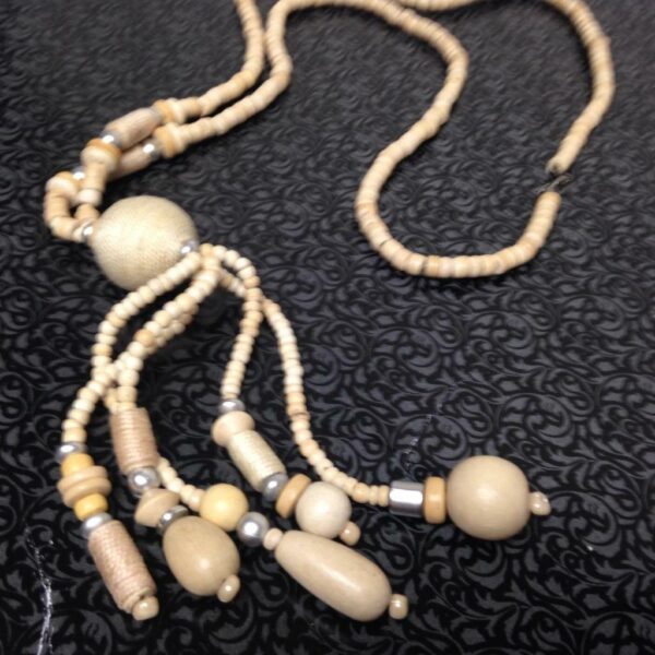 Vintage, Wooden Beads 40in Long Necklace with Fringes