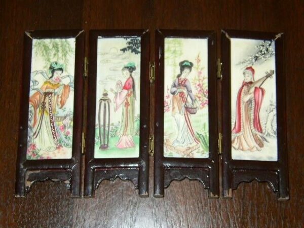 Oriental, Miniature Painting on Porcelain Folding Screen-Dividers 9in x 6in