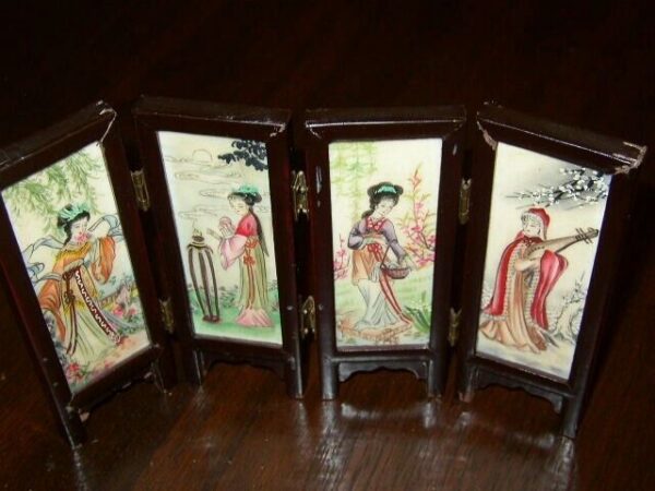 Oriental, Miniature Painting on Porcelain Folding Screen-Dividers 9in x 6in