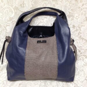 Borbonese, Paris, Italy Blue - Brown Quail Leather Handbag 16in x 12in x 5in