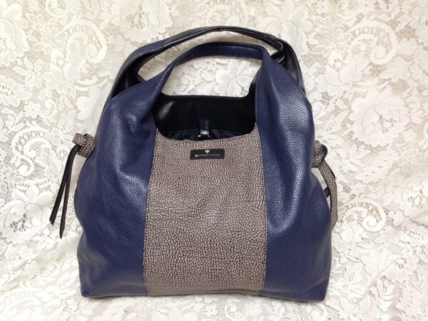 Borbonese, Paris, Italy Blue - Brown Quail Leather Handbag 16in x 12in x 5in