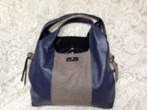 Borbonese, Paris, Italy Blue - Brown Quail Leather Handbag 16in x 12in x 5in