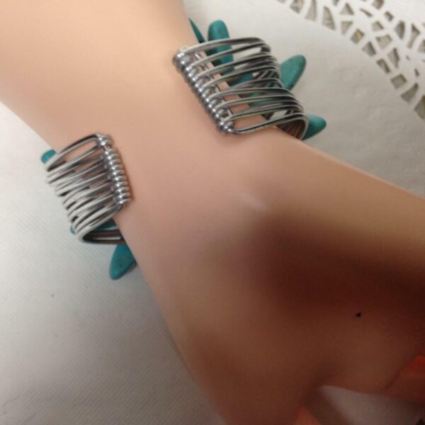 Beautiful, Chunky, Silver Tone Wired Turquoise Adjustable Cuff Bracelet