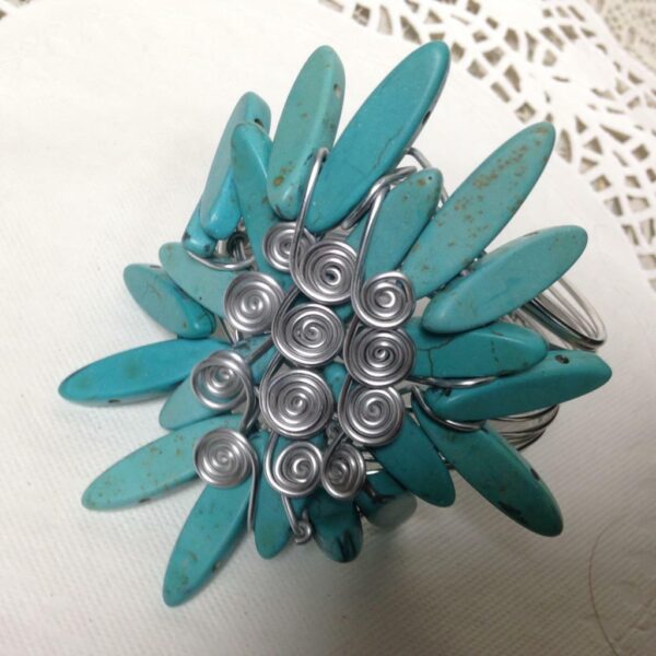 Beautiful, Chunky, Silver Tone Wired Turquoise Adjustable Cuff Bracelet