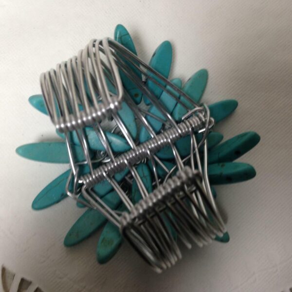 Beautiful, Chunky, Silver Tone Wired Turquoise Adjustable Cuff Bracelet