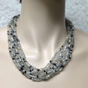 Vintage, Multi-layer, 8-Strands, 19-inch Black n Clear Glass Beaded Necklace