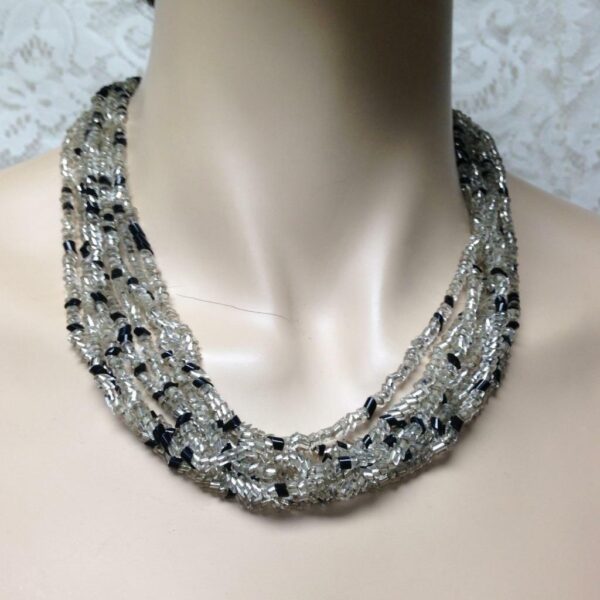 Vintage, Multi-layer, 8-Strands, 19-inch Black n Clear Glass Beaded Necklace