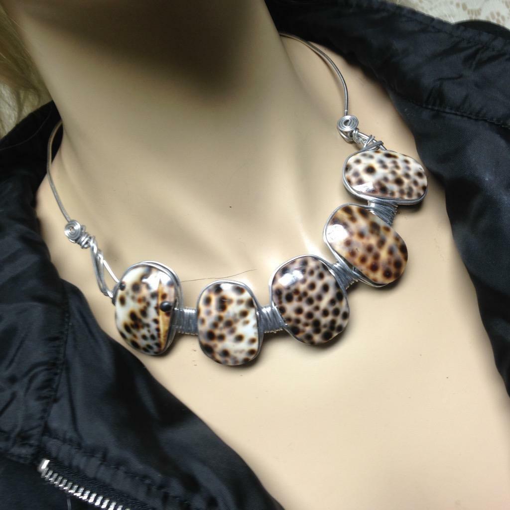 Beautiful, Chunky, Handcrafted, Wired Spotted Brown Shells 20in Necklace