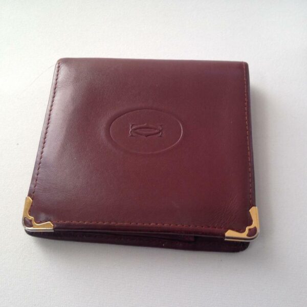 Authentic, Cartier Burgundy, Leather Bifold Mens Wallet 4in x 4in