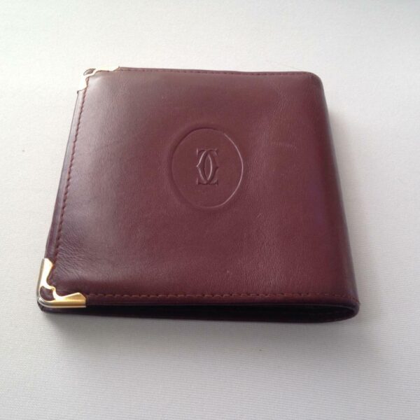 Authentic, Cartier Burgundy, Leather Bifold Mens Wallet 4in x 4in