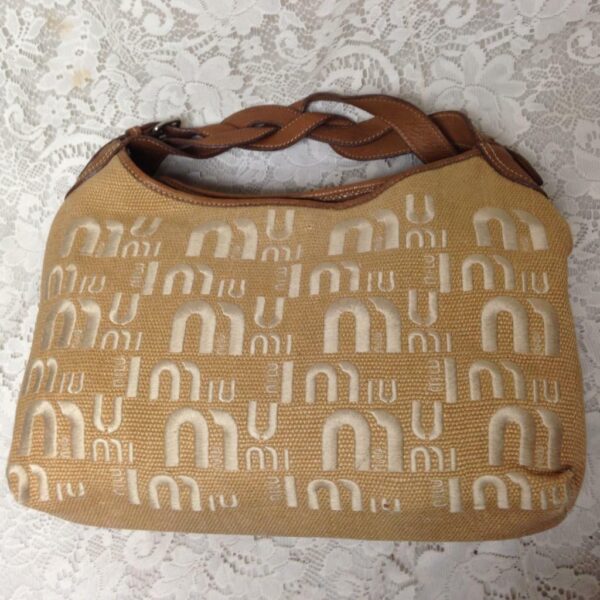 Miu Miu Brown Linen-Brown Leather Hand Bag 12in x 10in x 5in