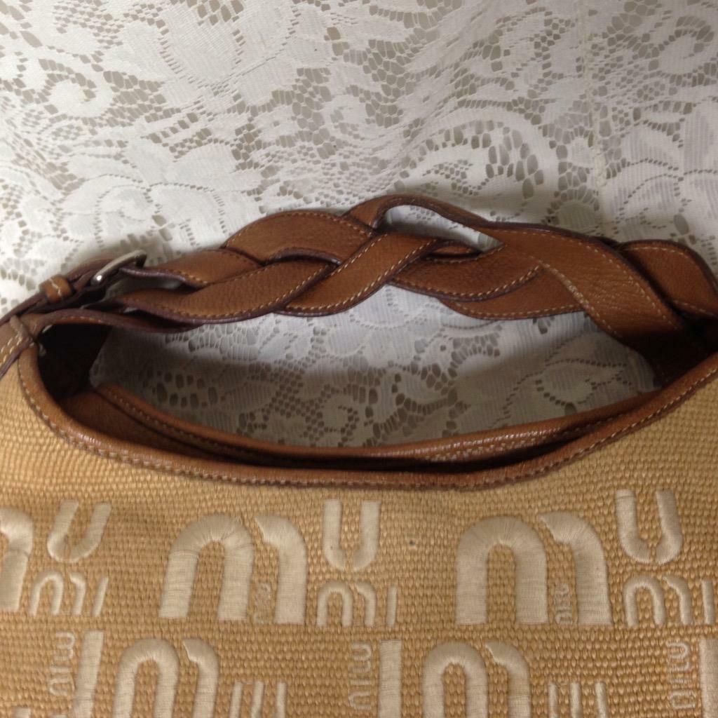 Miu Miu Brown Linen-Brown Leather Hand Bag 12in x 10in x 5in