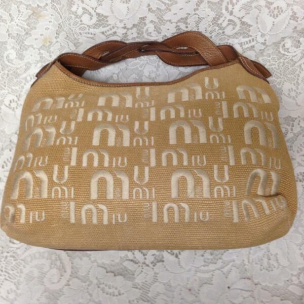 Miu Miu Brown Linen-Brown Leather Hand Bag 12in x 10in x 5in