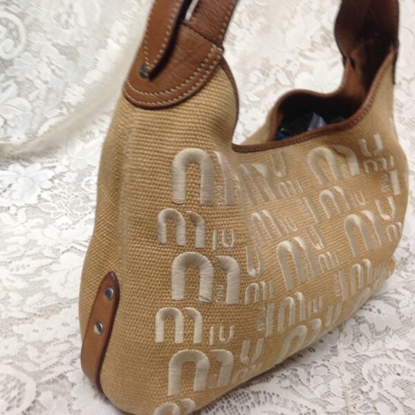 Miu Miu Brown Linen-Brown Leather Hand Bag 12in x 10in x 5in