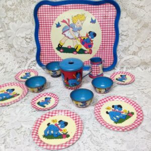 1940-50s Ohio Art, Red Plaid 14-pc Child’s Tin Tea Set