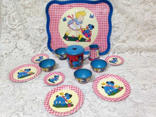 1940-50s Ohio Art, Red Plaid 14-pc Child’s Tin Tea Set