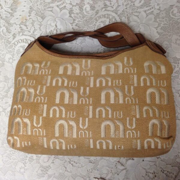 Miu Miu Brown Linen-Brown Leather Hand Bag 12in x 10in x 5in