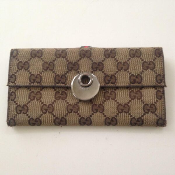 Authentic Gucci Brown Canvas with Leather Trim, Long Bi-fold Wallet 7.5inx4in(B)