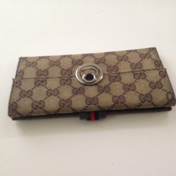 Authentic Gucci Brown Canvas with Leather Trim, Long Bi-fold Wallet 7.5inx4in(B)