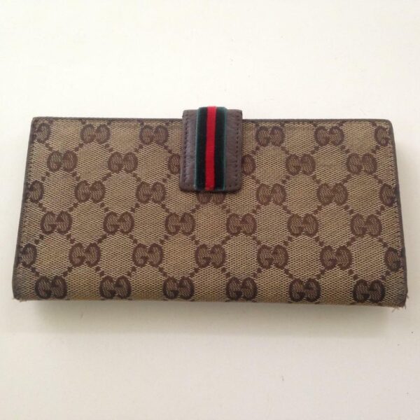 Authentic Gucci Brown Canvas with Leather Trim, Long Bi-fold Wallet 7.5inx4in(B)